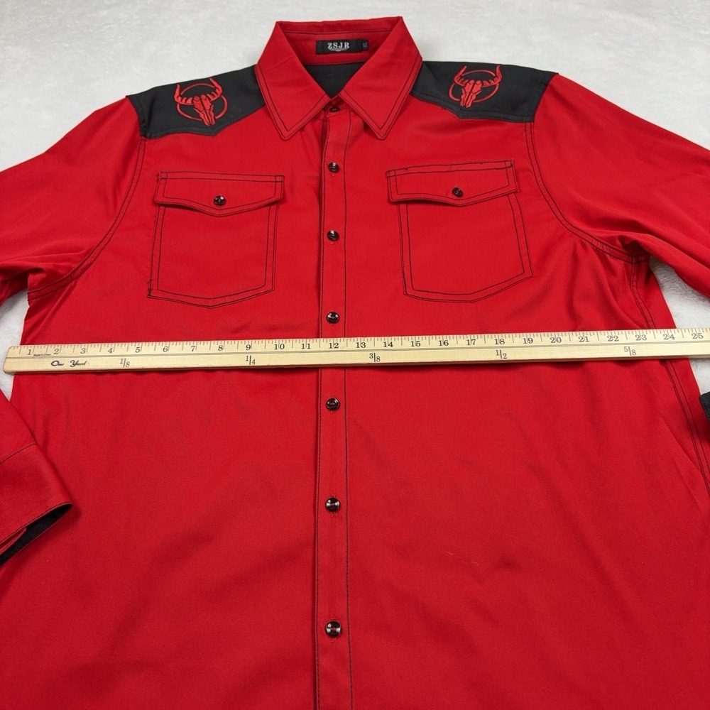 ZSJR Shirt Mens XL Red Black Western Long Sleeve Button Front Cow Skull Yoke - Picture 5 of 10